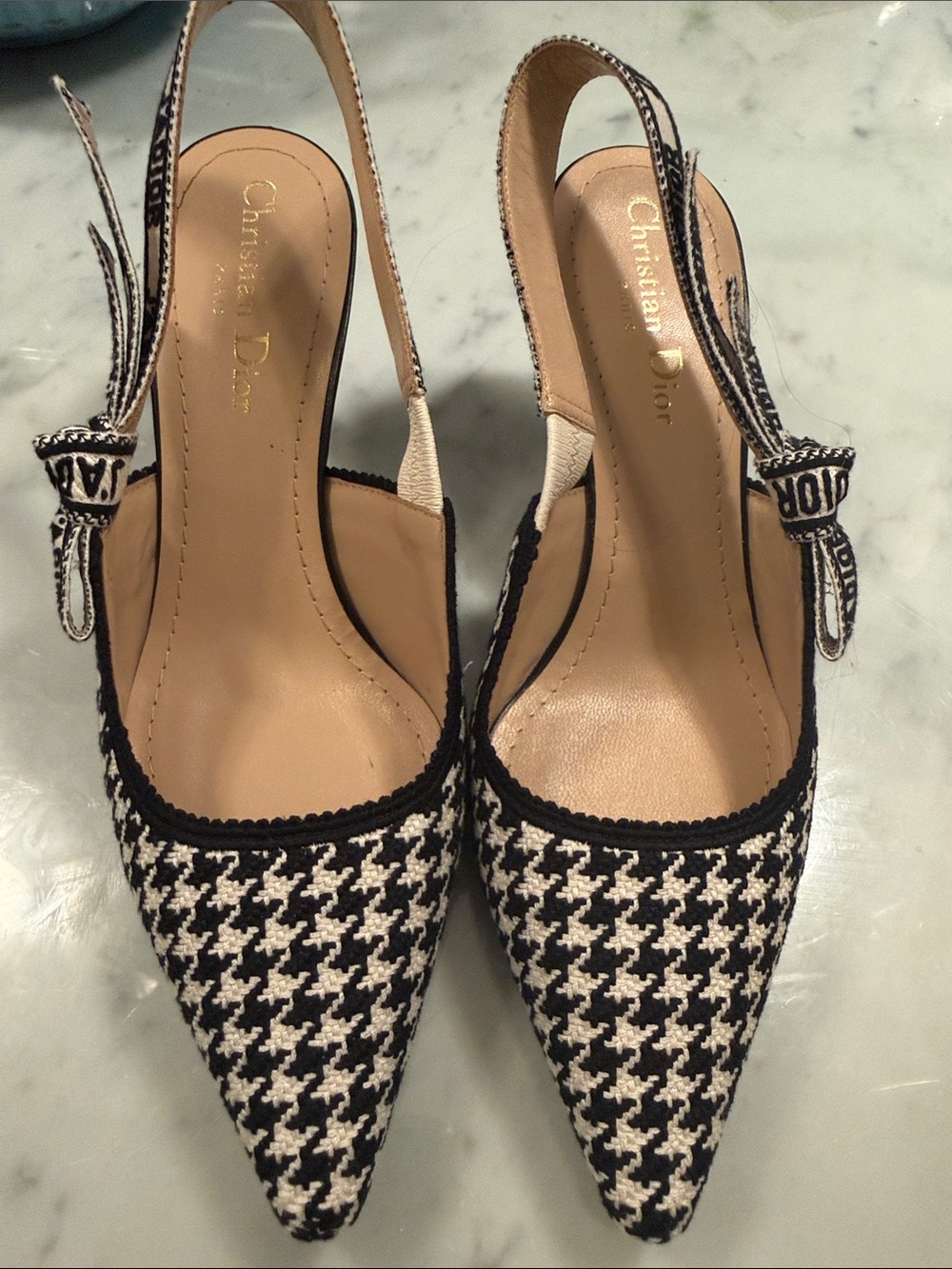 Dior Black and White Houndstooth Slingback Pumps with Logo Bow